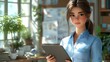 © Sarawut - Relaxed animated young girl holding her tablet, studying in a 3D-rendered scene