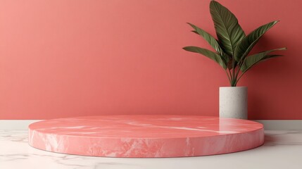 Poster - Stylish pink marble display platform with potted plant modern home decor indoor environment