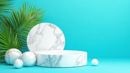 Leinwandbilder - Stylish marble display with tropical leaves studio setting product photography modern aesthetics