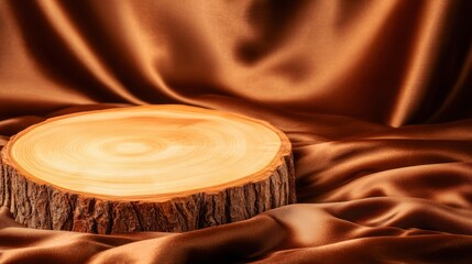 Aufkleber - Natural wooden slice display elegant brown satin background product photography cozy home close-up rustic decor ideas