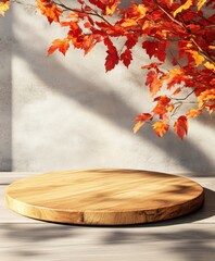 Poster - Autumn leaves and wooden tabletop display cozy setting home decor nature still life