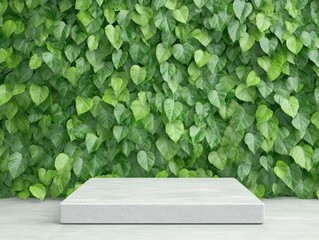 Poster - Lush green background with concrete platform indoor minimalist aesthetic calm atmosphere