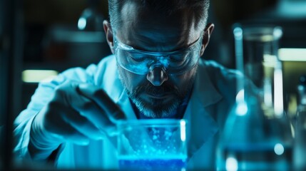 Aufkleber - A man in a lab coat is working with a blue liquid in a beaker