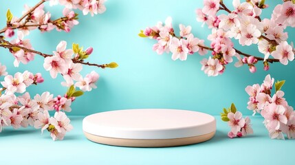 Leinwandbilder - Delicate cherry blossom display minimalist studio photography vibrant blue background aesthetic concept