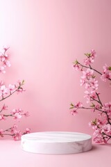 Poster - Delicate cherry blossom arrangement on marble stand studio setting floral display