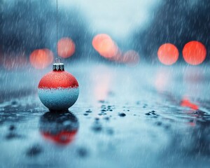 Red and white Christmas bauble sits on a wet street during a snowfall, city lights blurred in the background.