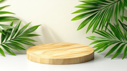 Leinwandbilder - Showcase of natural elements wooden platform surrounded by lush greenery in minimalist setting