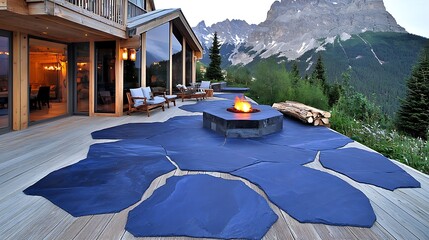 Wall Mural - Modern Outdoor Living Space with Unique Stone Patio, Fire Pit, Cozy Chairs, and Breathtaking Mountain View at Dusk in Tranquil Wilderness Setting