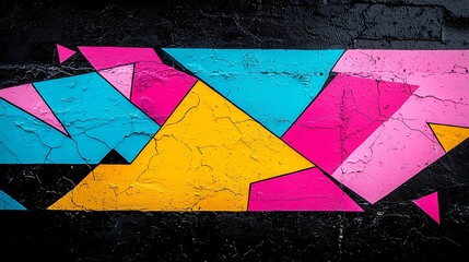 Poster - Abstract Colorful Geometric Shapes on a Black Wall with Vibrant Pink, Blue, and Yellow Designs Creating a Modern Street Art Aesthetic