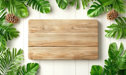 Poster - Tropical leaf arrangement rustic wood surface nature photography indoor aesthetic appeal