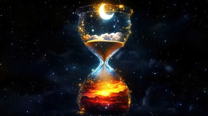 Wall Mural - a surreal hourglass glowing with a mystical aura, showing a dark twilight sky with a crescent moon a