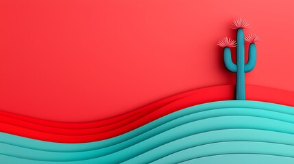 Poster - Vibrant Abstract Landscape with Cactus on Wavy Background Featuring Striking Coral and Turquoise Colors for Modern Decor and Design Projects