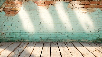 Poster - Weathered Brick Wall and Wooden Floor with Soft Light Rays Creating a Vintage Atmosphere in an Abandoned Building Setting