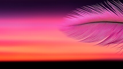Poster - Vibrant Pink Feather Against a Colorful Sunset Sky with Shades of Purple, Pink, and Orange Creating a Serene and Tranquil Atmosphere for Relaxation