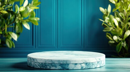 Poster - Stylish round marble display elegant home setting photography vibrant greenery close-up view