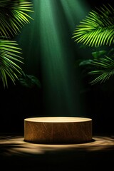 Poster - Illuminated pedestal surrounded by lush greenery studio space minimalist design calm atmosphere
