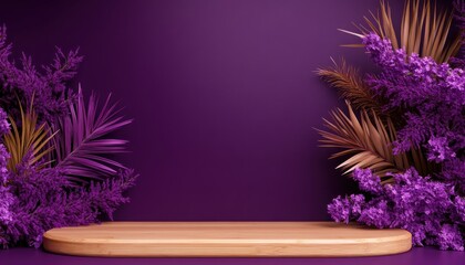 Poster - Elegant purple floral display with wooden pedestal in studio setting for visual inspiration