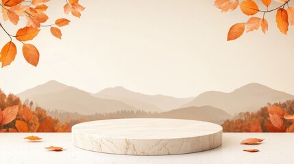 Poster - Autumn leaves background with marble display nature scene outdoor photography tranquil view