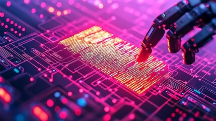 Poster - Futuristic Robotic Hand Interacting with a Glowing Data Matrix in a High-Tech Digital Environment Representing Advanced Technology Concepts