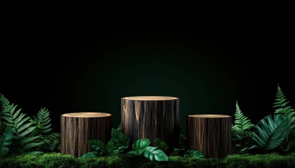Poster - Natural wood stumps display lush greenery background forest setting serenity concept