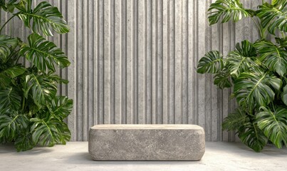 Poster - Minimalist concrete bench surrounded by lush greenery modern outdoor space aesthetic design