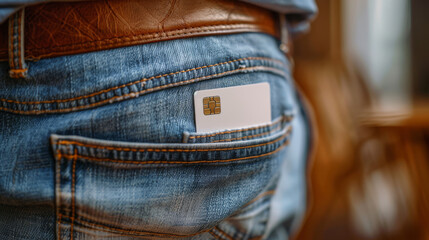 Close-up of bank card mockup with gold chip in back pocket of blue denim jeans. Premium minimalist design for modern payment solutions.