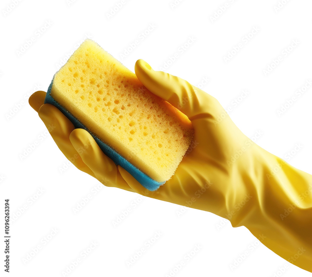 Human hand in yellow rubber glove holds dishwashing sponge on ...