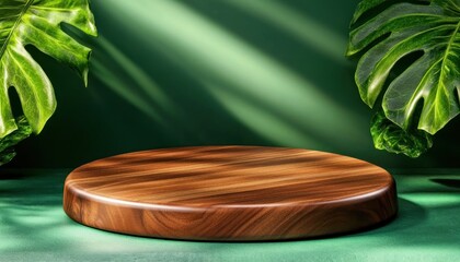 Aufkleber - Elegant wooden display table surrounded by lush green leaves indoor photography nature