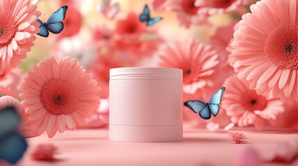 Aufkleber - Butterflies and flowers surrounding skincare cream nature setting product photography