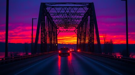 Wall Mural - Stunning Sunset Over a Historic Bridge with Vibrant Pink and Purple Sky Reflected on a Wet Road During Twilight