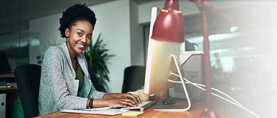 Black woman, portrait and computer in office for business, email and pride for career development in banner. Girl, happy and tech in Kenya workplace for finance management, planning and bookkeeping