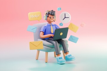 Poster - A 3D cartoon customer support agent sits on a chair  working on his laptop and responding to emails