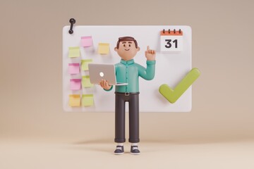 Leinwandbilder - 3D cartoon man presenting a project plan on a whiteboard with laptop and sticky notes