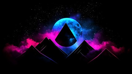 Poster - Abstract Night Landscape with Colorful Mountains, Mystical Moon and Geometric Shapes, Surreal and Dreamlike Scene with Vivid Colors and Starry Sky Ideal for Creative Projects