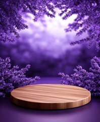 Aufkleber - Elegant wooden display on purple floral background studio setting product showcase