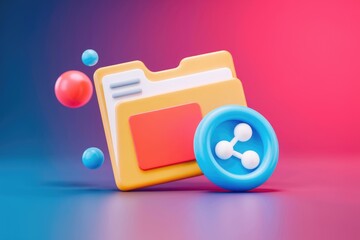 Leinwandbilder - 3D render of a yellow folder icon with a blue share button  illustrating file sharing