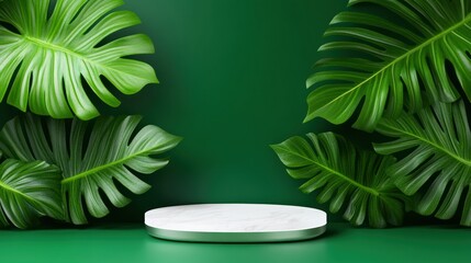 Poster - Tropical greenery display with white platform indoor studio visual content modern aesthetic