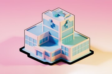 Poster - Isometric illustration of a pastel colored hospital building with medical crosses