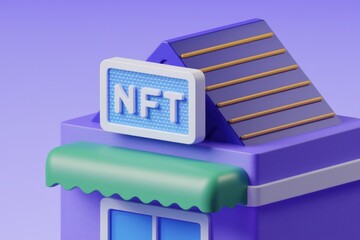 Aufkleber - 3D render of an NFT shop  a cute building with a sign