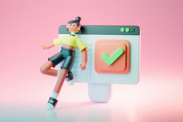 Poster - Cartoon girl with checkmark on webpage signifies task completion.