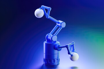 Poster - Blue robotic arm manipulates white spheres in 3D rendering.