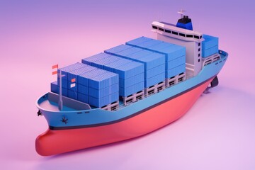 Poster - A low poly 3D model of a cargo ship carrying blue containers