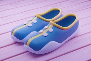 Poster - Pair of cute blue cartoon shoes with yellow stripes and white buttons  on pink wooden background