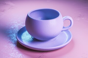 Poster - A 3D rendered image of a lavender teacup and saucer on a pink surface