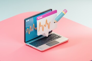 Poster - Laptop screen displays a speech bubble with a wave chart and a pencil  symbolizing content creation