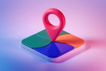 Poster - 3D pink location pin on colorful square for navigation.