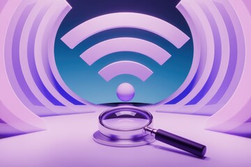 Fototapete - A magnifying glass investigates a wifi signal in a 3D purple  abstract scene