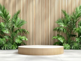 Aufkleber - Modern display platform surrounded by lush greenery indoor studio minimalist design