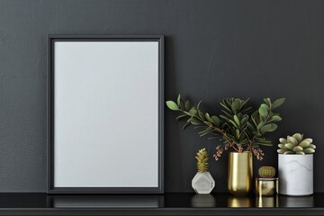 Wall Mural - A gold picture frame on a black shelf with white flowers in a gold vase and a succulent in a white pot