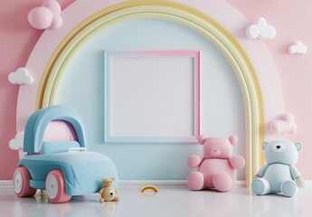 A white frame with a teddy bear and a toy car in front of a pastel rainbow background